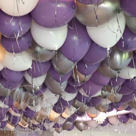 Шары воздушные под потолок лиловый, белый и серебро