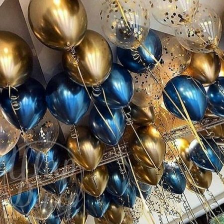 Шары воздушные под потолок синий, золото хром и конфетти