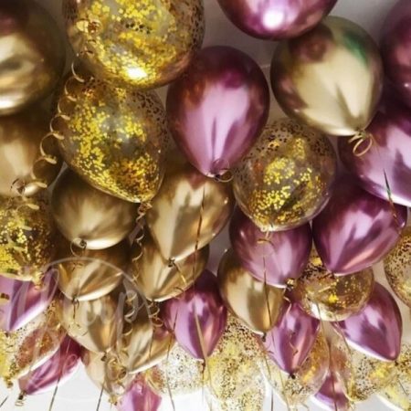 Шары воздушные под потолок золото и розовый хром