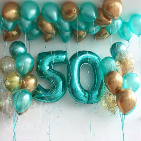 Набор шаров с гелием на 50 лет Тиффани и золото